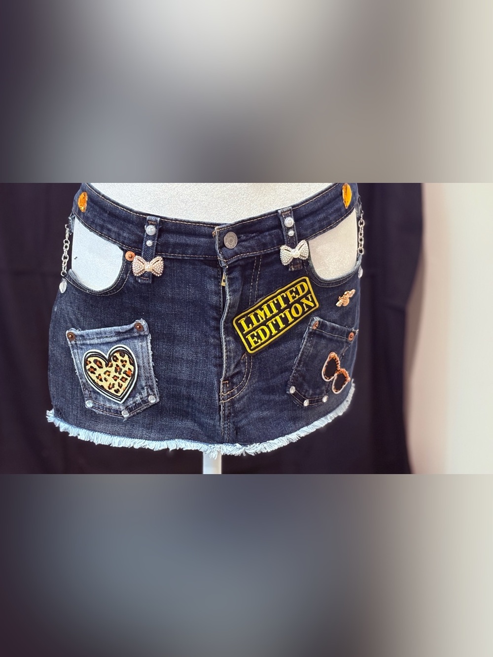 Dark Wash Denim Mini Skirt with Patches